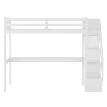 White Twin Size Loft Bed with Built In Desk and Stairway