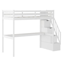 White Twin Size Loft Bed with Built In Desk and Stairway