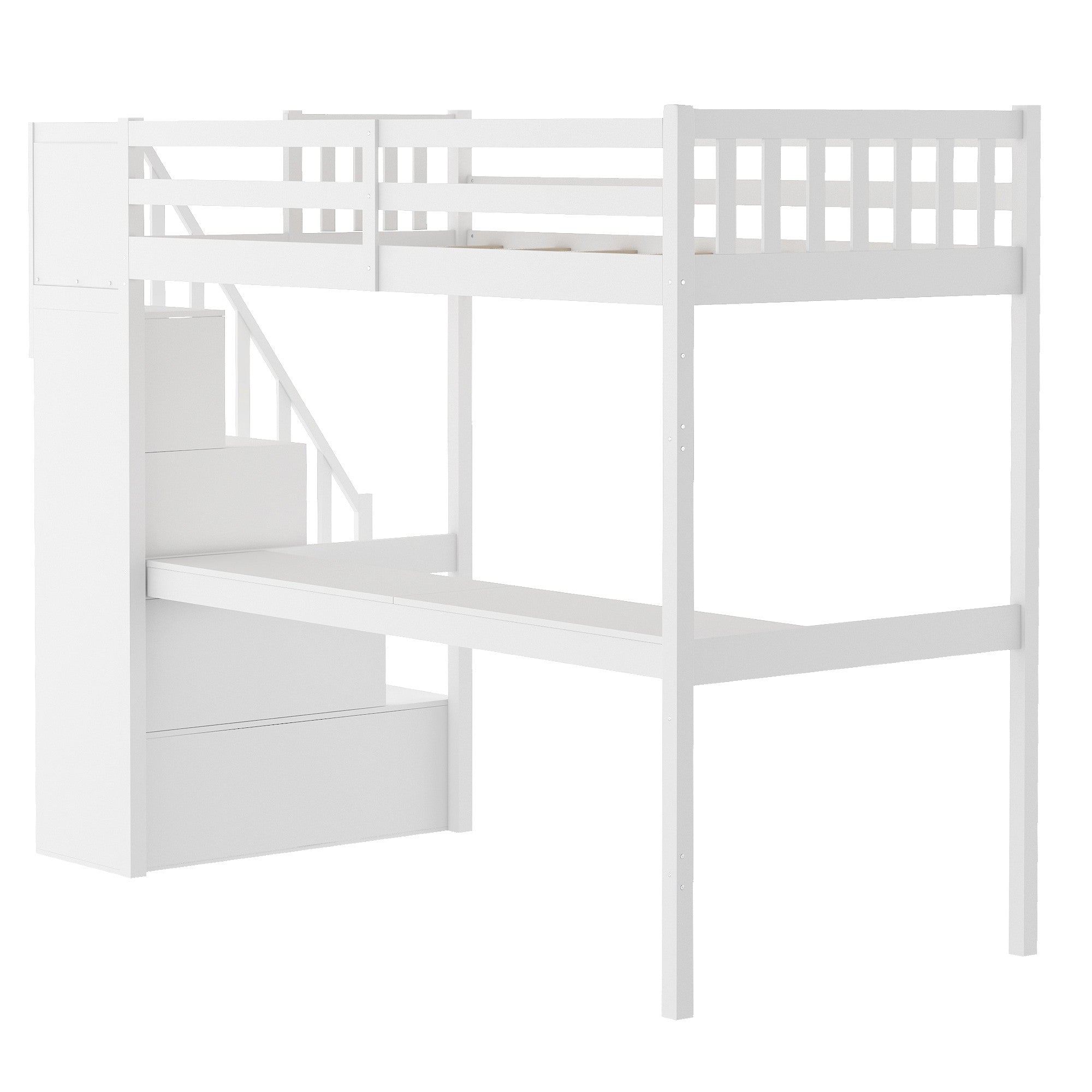 White Twin Size Loft Bed with Built In Desk and Stairway