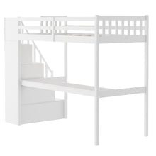 White Twin Size Loft Bed with Built In Desk and Stairway