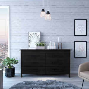 Black Six Drawer Double Dresser 58"