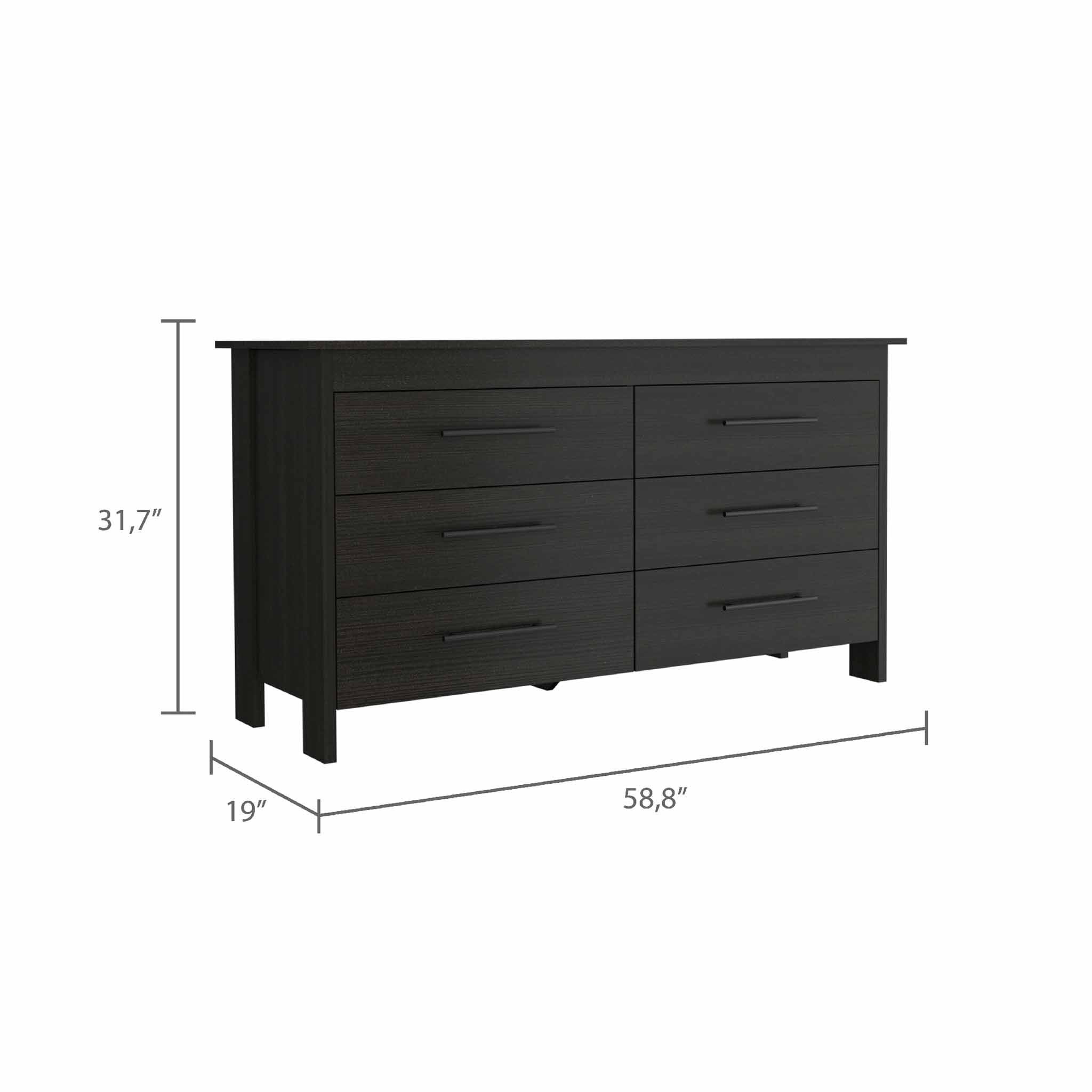 Black Six Drawer Double Dresser 58"