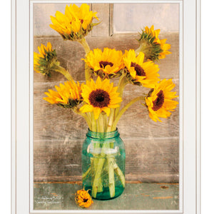Country Sunflowers in a Mason Jar White Framed Print Wall Art