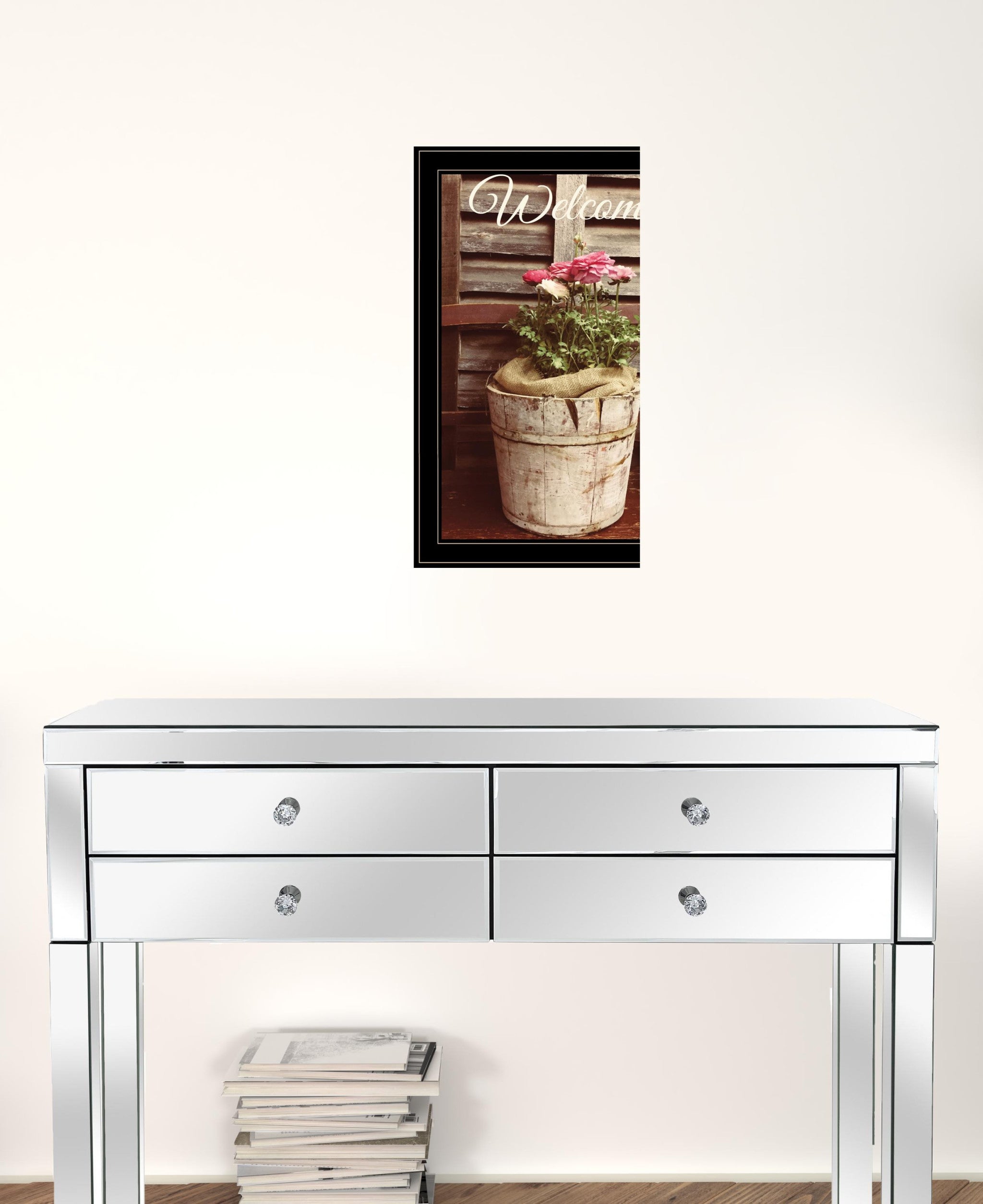 Rustic Welcome Roses Black Framed Print Wall Art