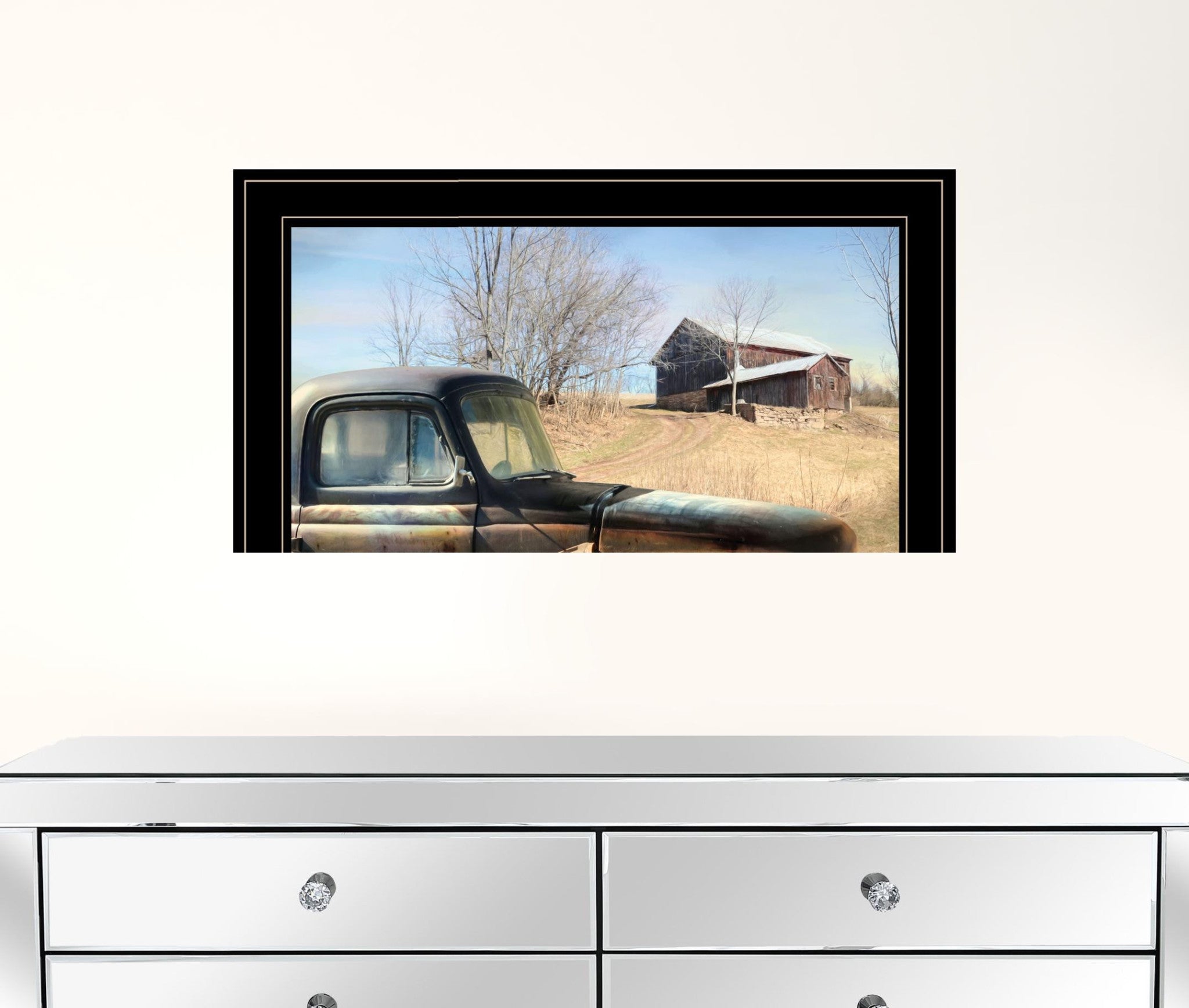 Vintage Farm Trucks 2 Black Framed Print Wall Art