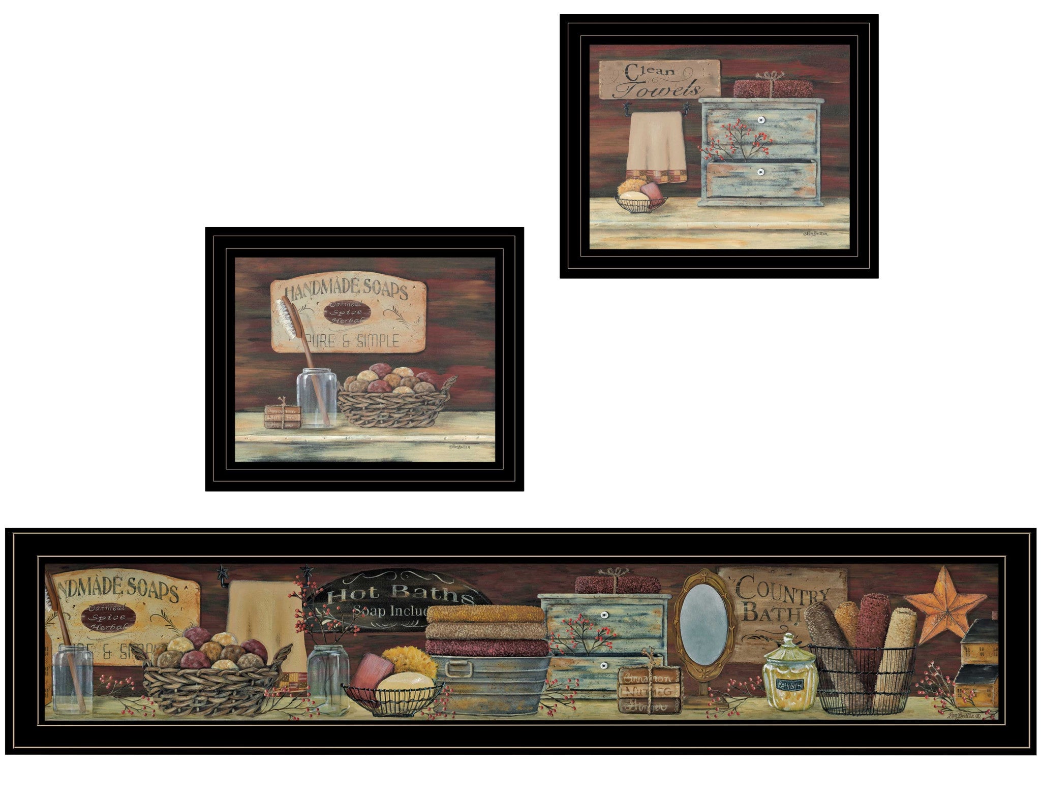Set Of Three Country Bath 8 Black Framed Print Bathroom Wall Art
