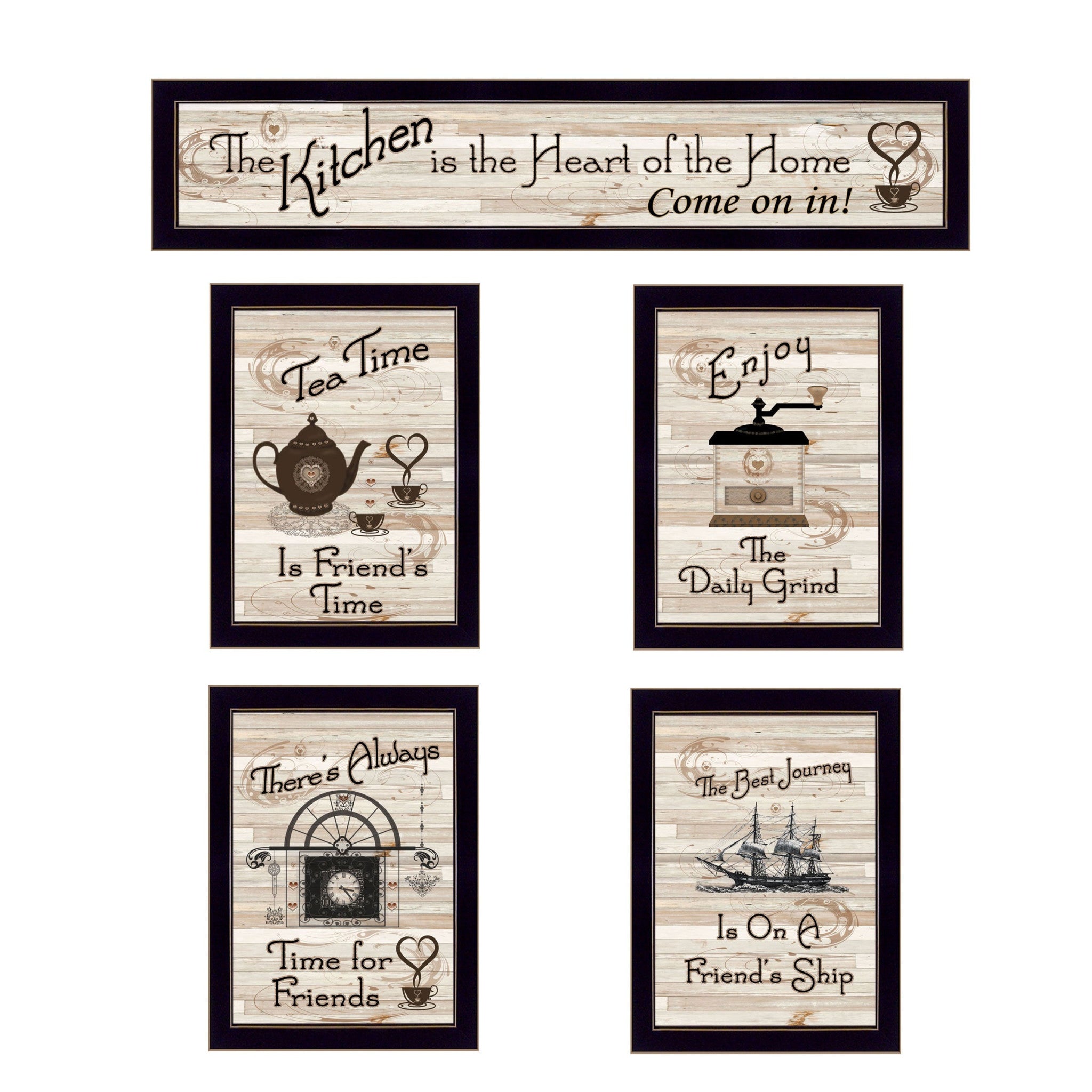 Set Of Five Kitchen Friendship Collection Ii 3 Black Framed Print Kitchen Wall Art