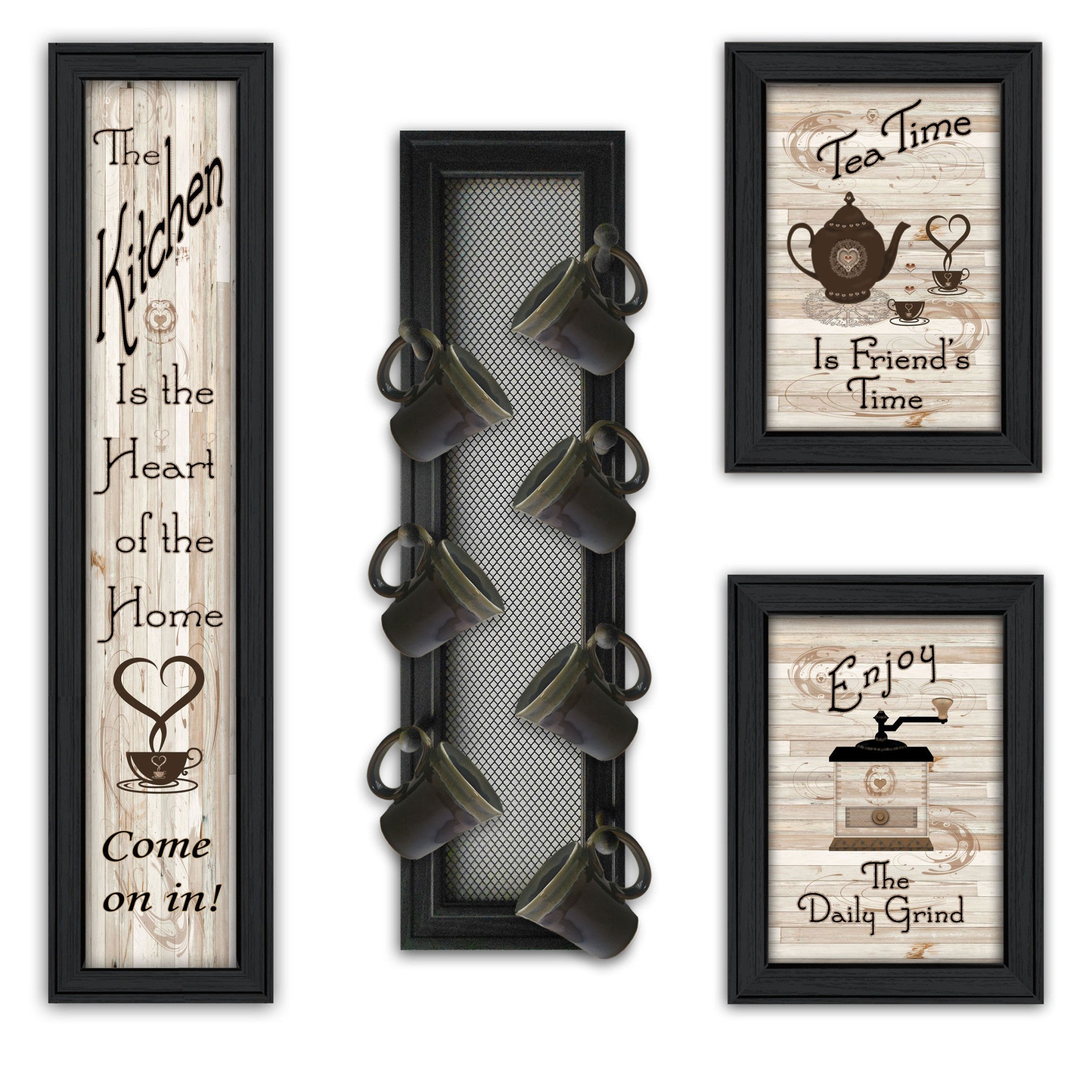 Set Of Four Come On In Black Framed Kitchen Wall Prints with Mug Rack