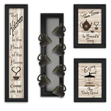 Set Of Four Come On In Black Framed Kitchen Wall Prints with Mug Rack