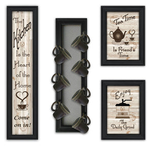 Set Of Four Come On In Black Framed Kitchen Wall Prints with Mug Rack