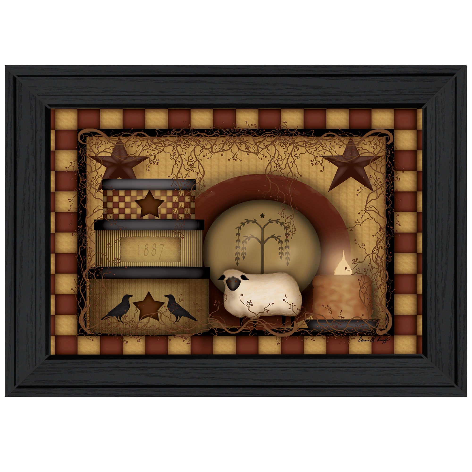 Primitive Americana Lamb and Hat Boxes Black Framed Print Wall Art