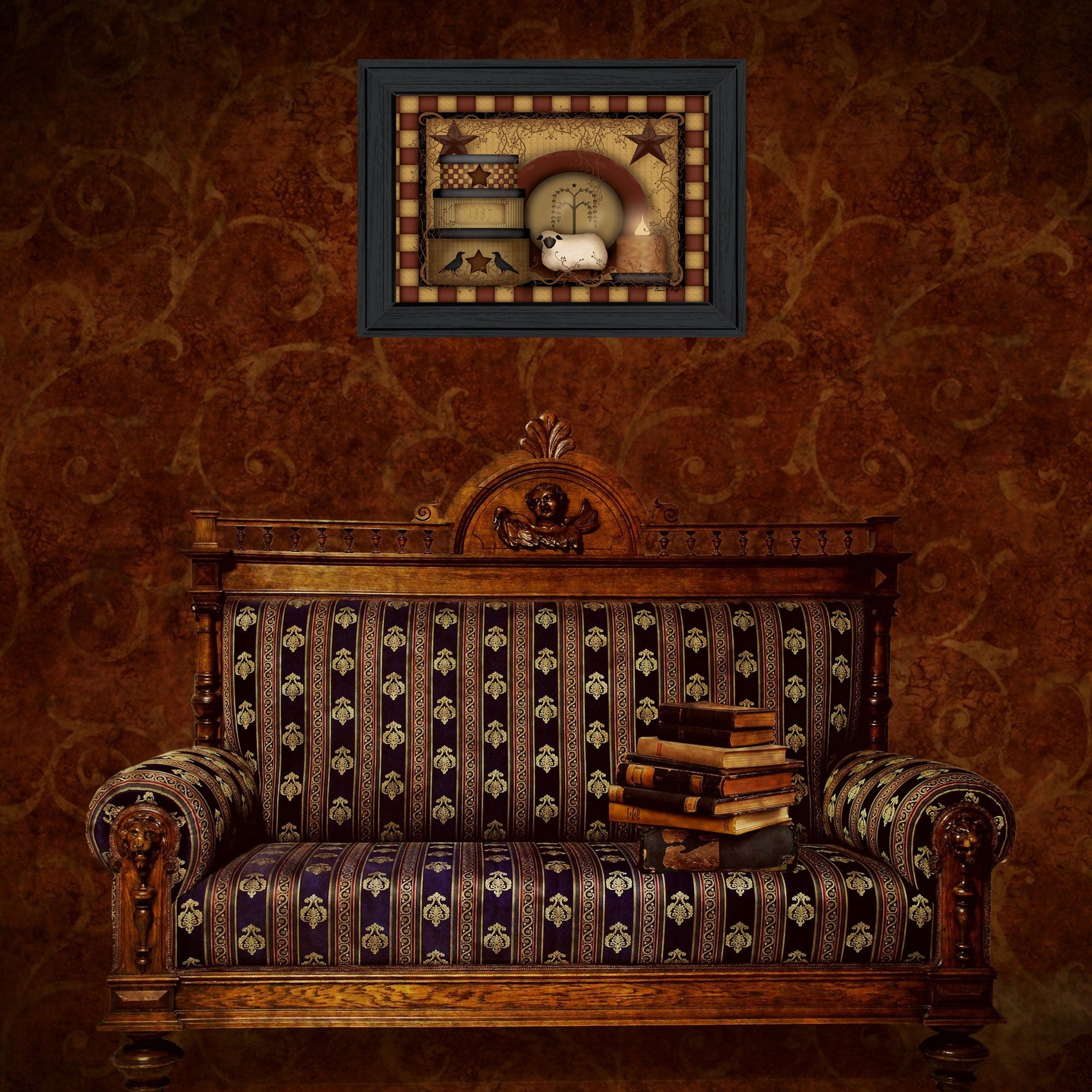 Primitive Americana Lamb and Hat Boxes Black Framed Print Wall Art