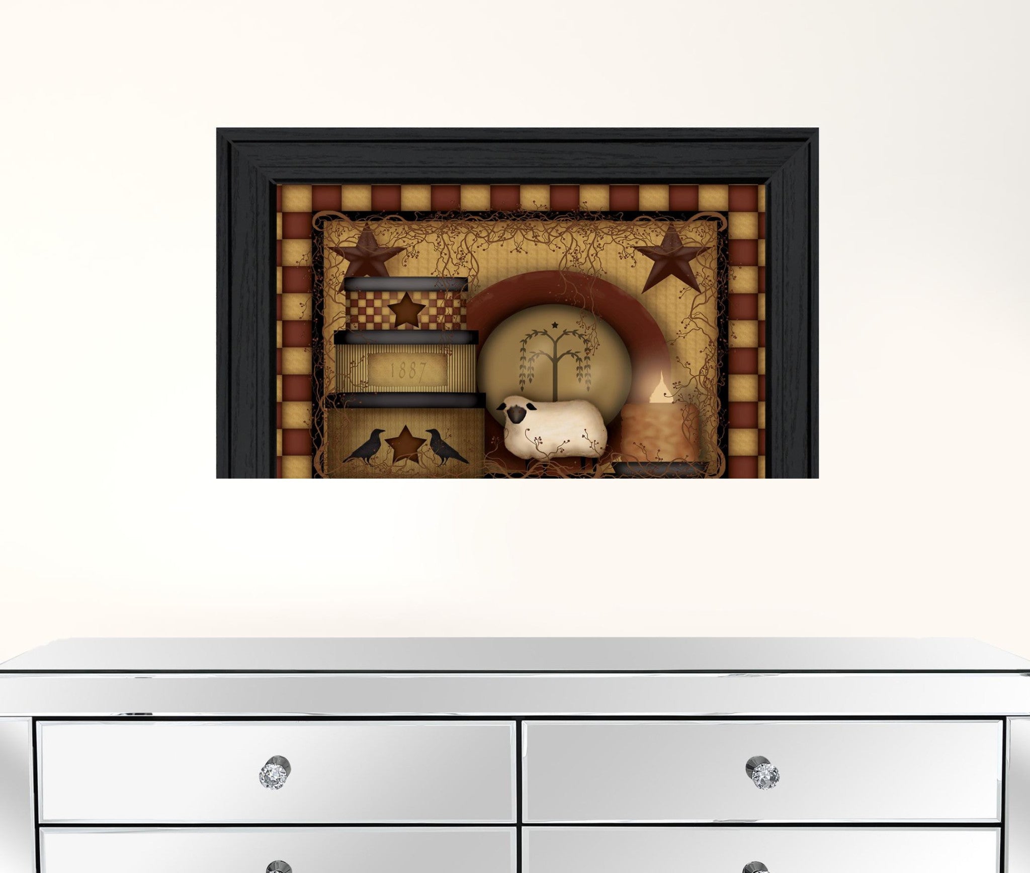 Primitive Americana Lamb and Hat Boxes Black Framed Print Wall Art