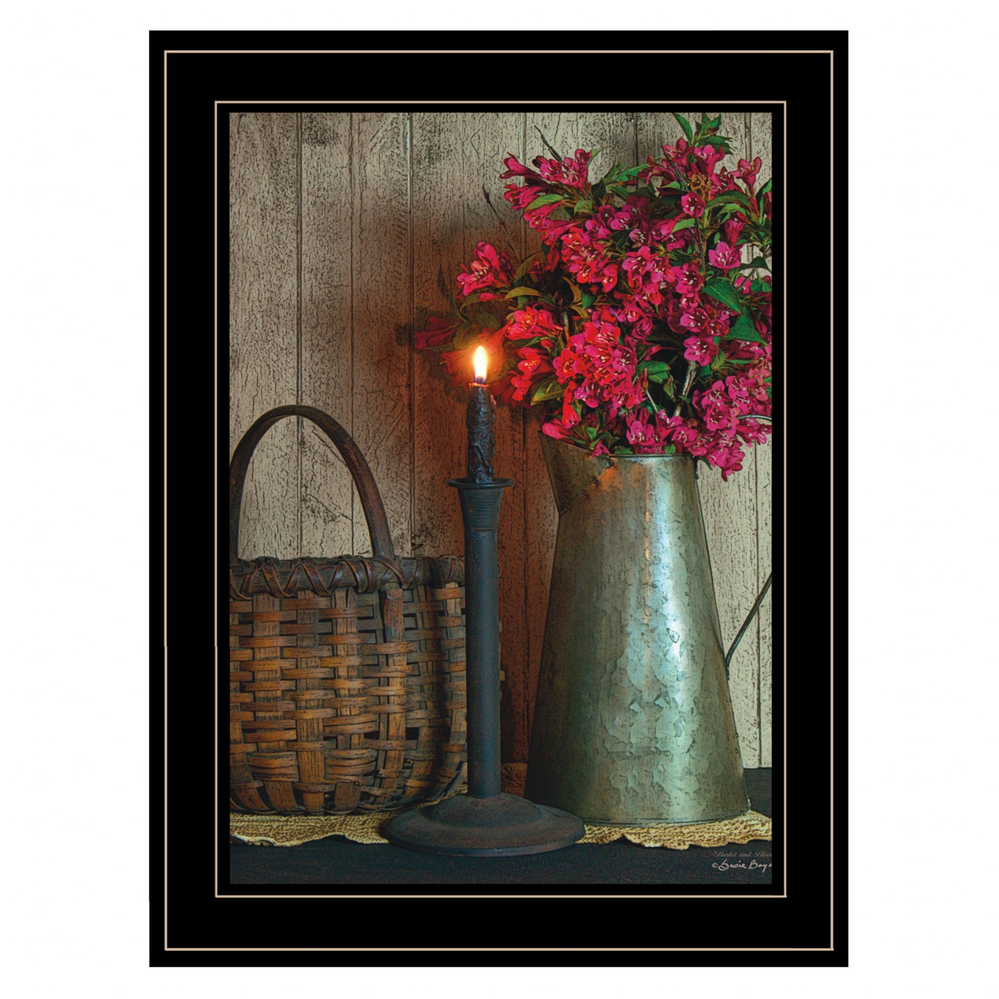 Basket & Blossoms Black Framed Print Wall Art