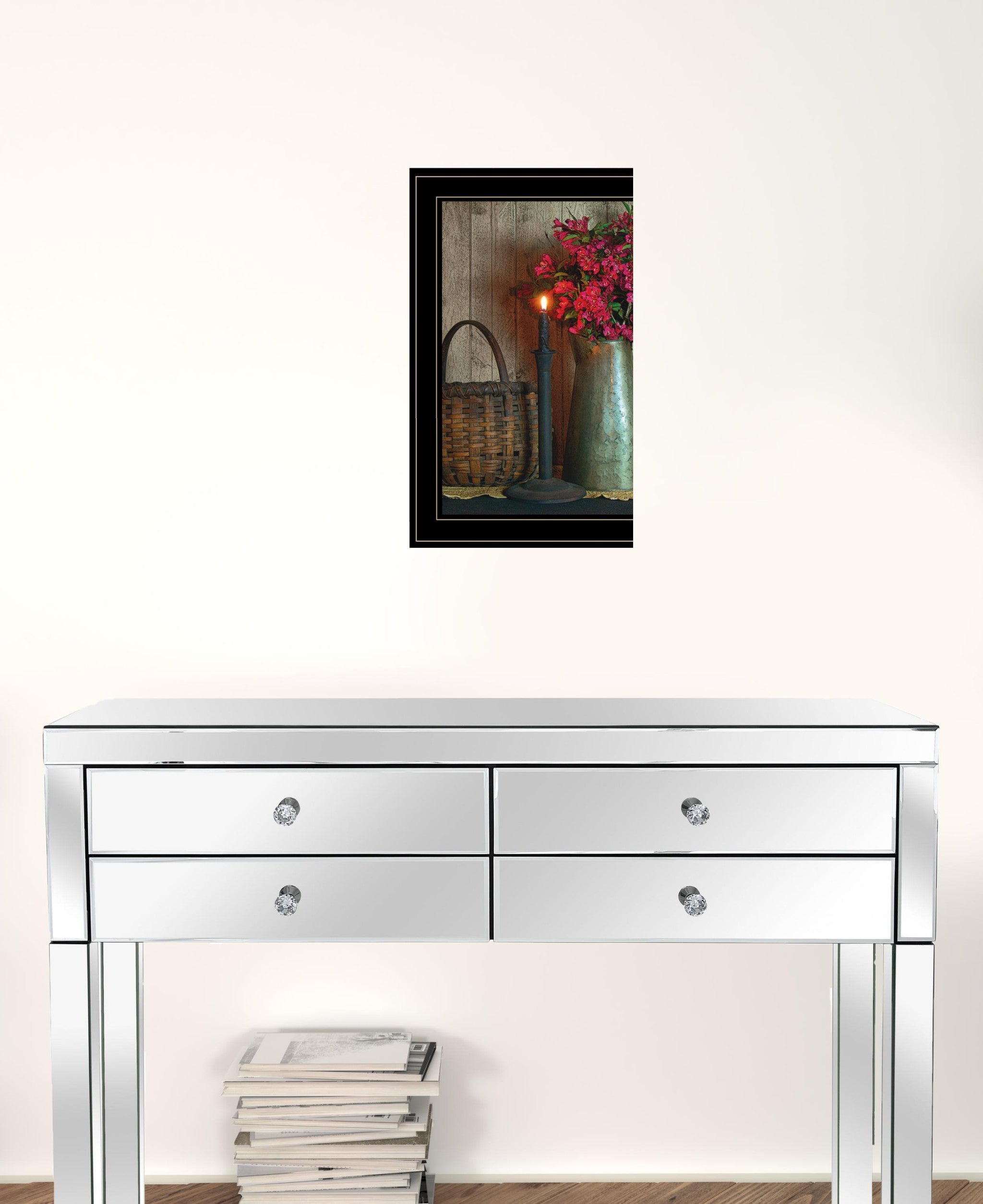Basket & Blossoms Black Framed Print Wall Art
