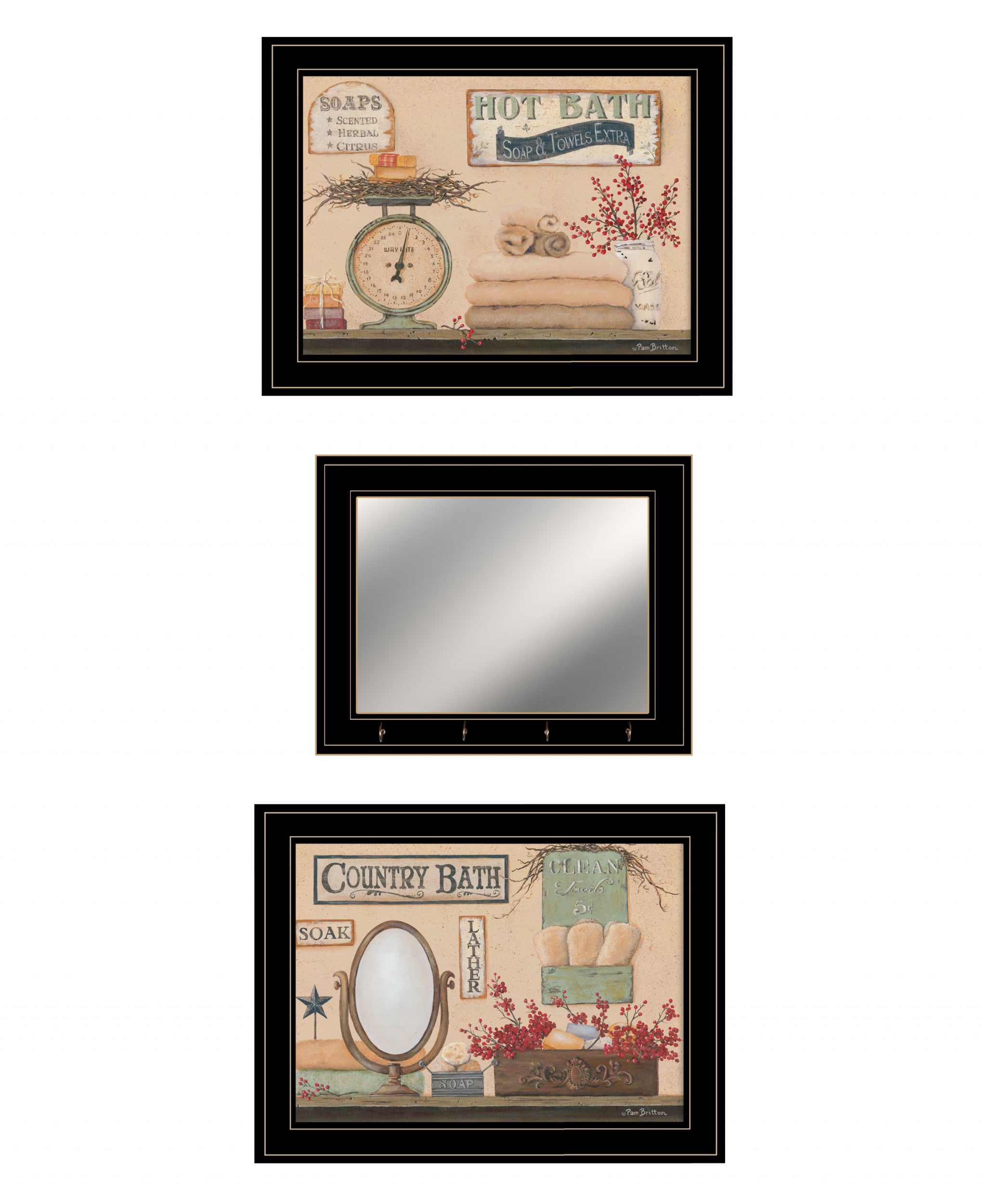 Set Of Three Country Bath III 1 Black Framed Print Wall Art