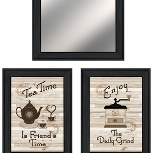 Set Of Three Enjoy Tea Time Black Framed Kitchen Wall Art and Mirror