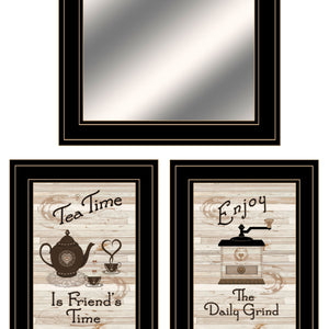Set Of Three Enjoy Tea Time 3 Black Framed Print Kitchen Wall Art and Mirror