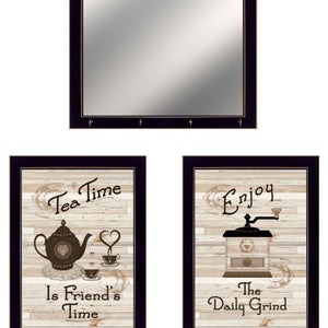 Set Of Three Enjoy Tea Time 8 Black Framed Prints and Mirror with Hooks