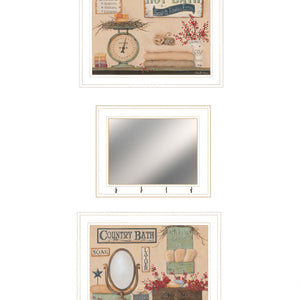 Set Of Three Wash Room White Rim Frame Bathroom Wall Art with Hooks