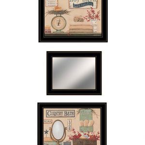 Set Of Three Wash Room Black Rim Frame Bathroom Wall Art with Mirror
