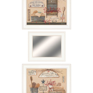 Set Of Three Wash Room White Frame Bathroom Wall Art and Mirror