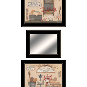 Set Of Three Wash Room Black Framed Print Wall Art with Mirror