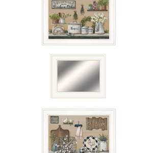 Set Of Three Farmhouse Kitchen 1 White Framed Kitchen Wall Art with Mirror
