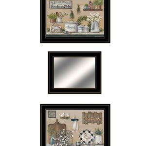 Set Of Three Farmhouse Kitchen 2 Black Framed Print Kitchen Wall Art with Mirror