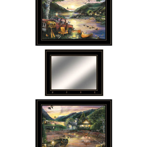 Set Of Three Lakefront Camping 2 Black Framed Print Wall Art with Mirror