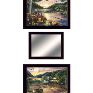 Set Of Three Lakefront Camping 3 Black Framed Print Wall Art with Mirror