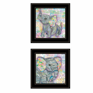 Set Of Two Whimsical Pastel Elephant Black Framed Print Wall Art