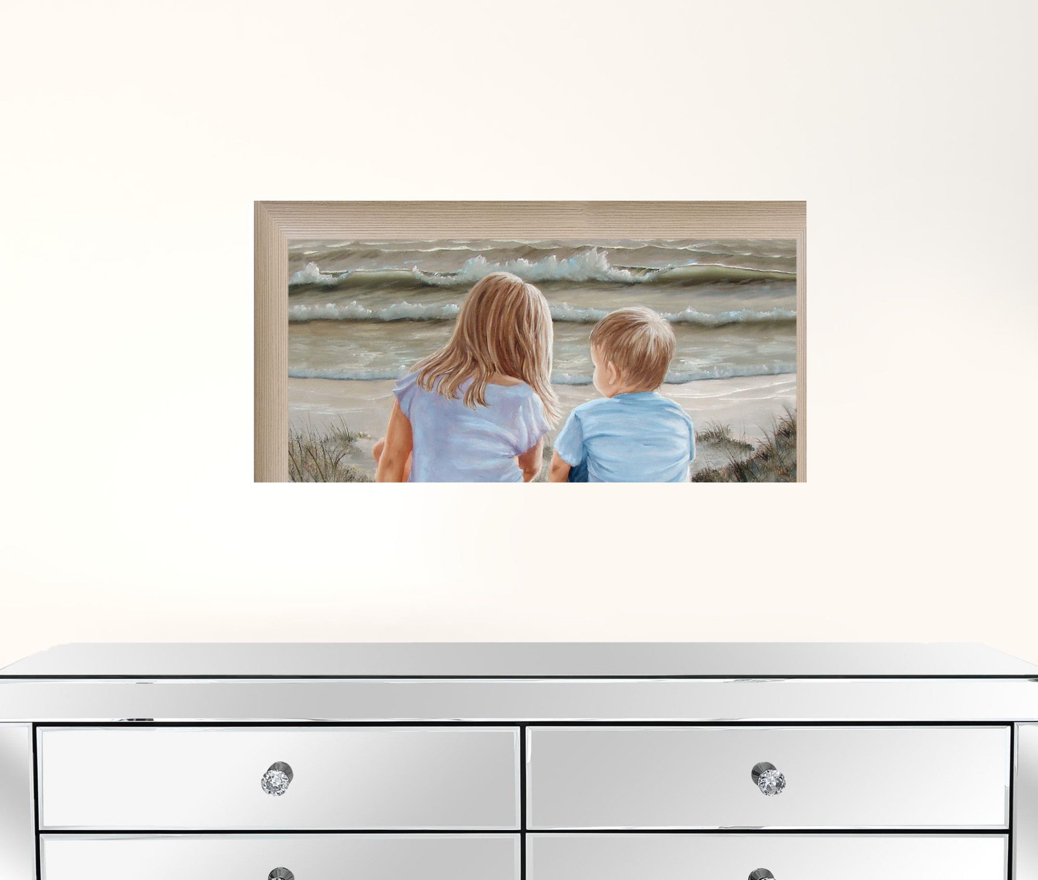 Boy And Girl Sitting In Dunes Brown Framed Print Wall Art