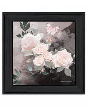 Pink Roses and Butterfly Black Framed Print Wall Art