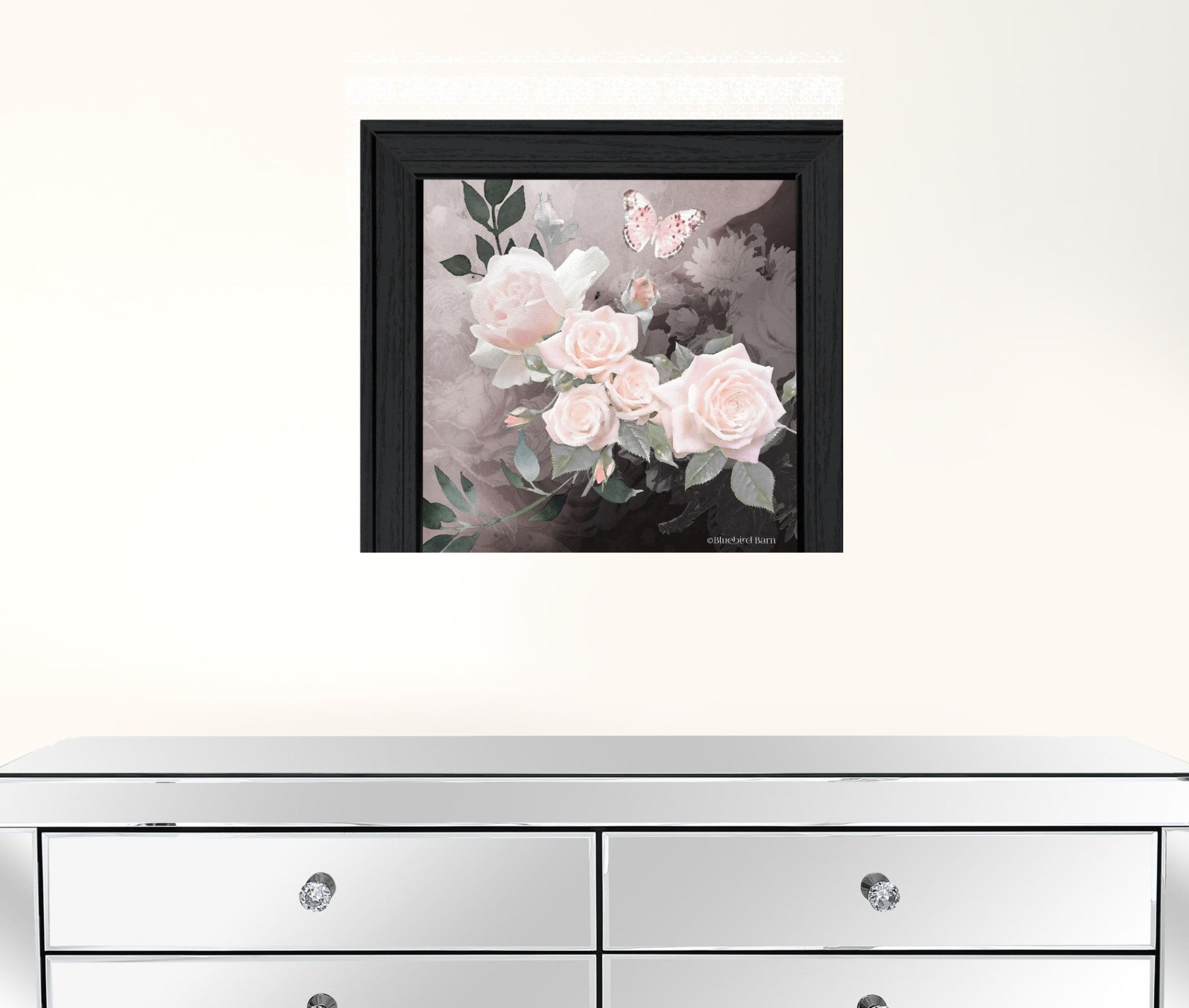 Pink Roses and Butterfly Black Framed Print Wall Art