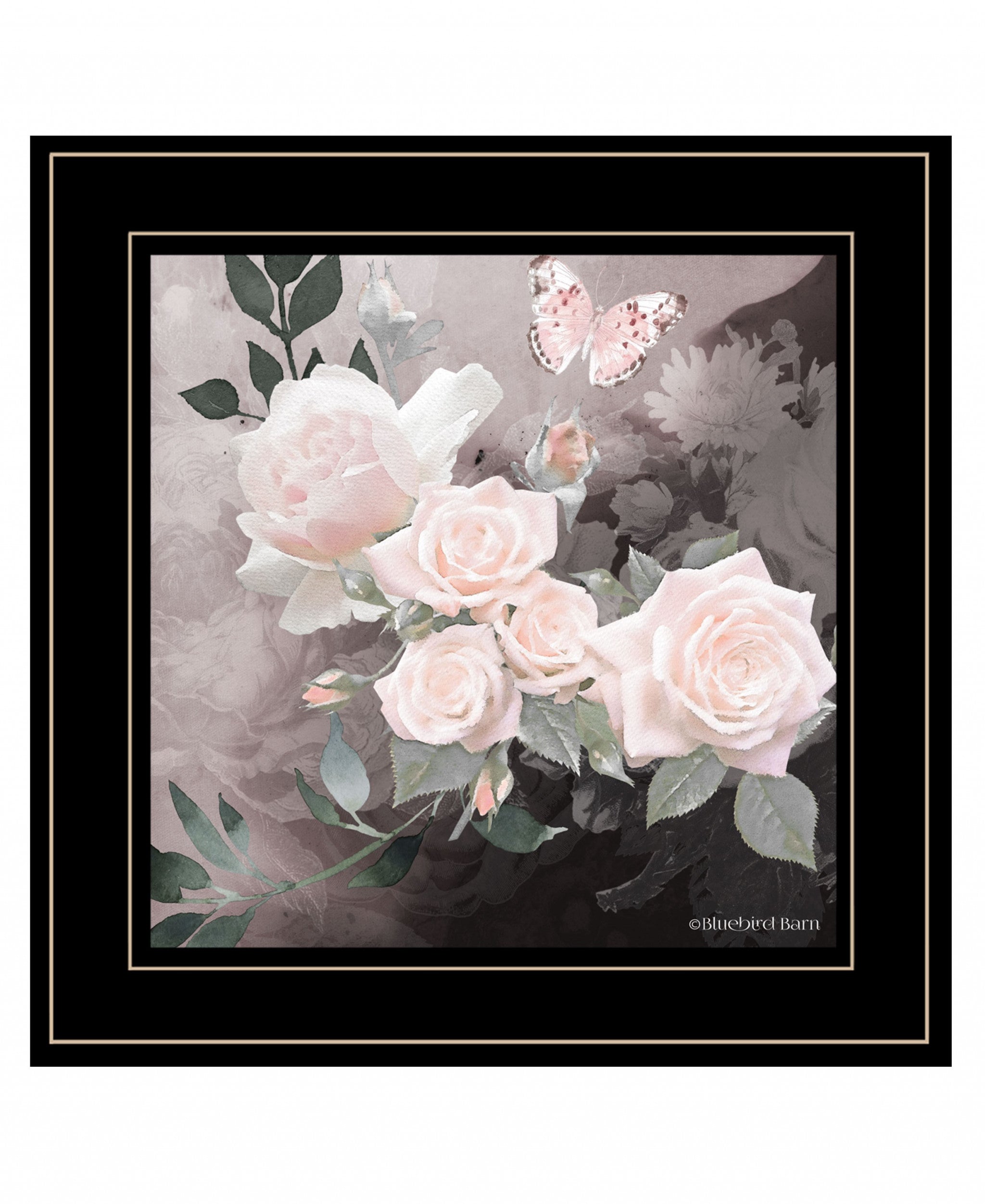Pink Roses and Butterfly Black Double Rim Framed Print Wall Art