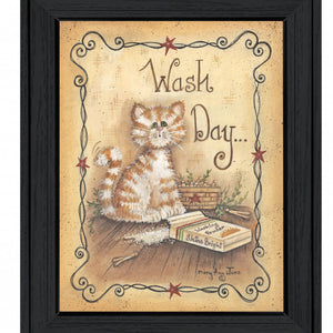 Wash Day Kitty Cat 2 Black Framed Print Wall Art