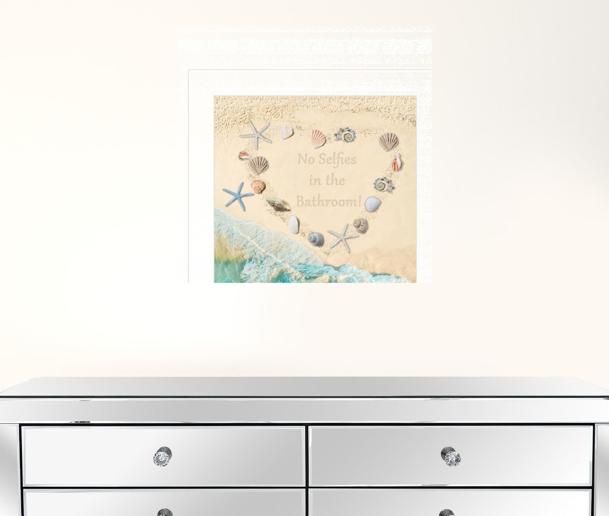 No Selfies In The Bathroom Sea 1 White Framed Print Wall Art