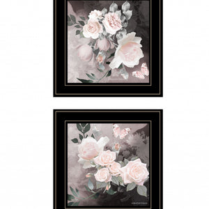 Set of Two Pink Roses and Butterfly Black Framed Print Wall Art