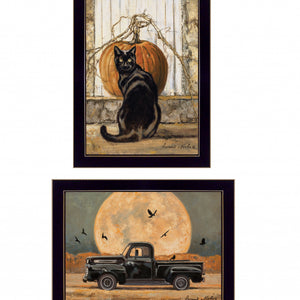Set Of Two Harvest Moon With A Black Cat And Truck 3 Black Framed Print Wall Art