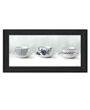 Blue and White Tea Cups And Saucers Black Framed Print Wall Art