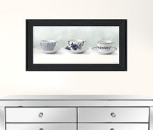 Blue and White Tea Cups And Saucers Black Framed Print Wall Art