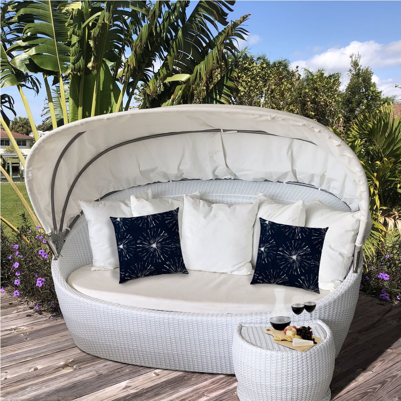 17" X 17" Navy Blue And White Blown Seam Floral Lumbar Indoor Outdoor Pillow