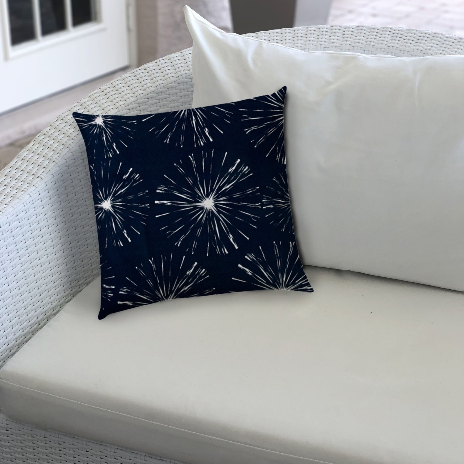 17" X 17" Navy Blue And White Blown Seam Floral Lumbar Indoor Outdoor Pillow