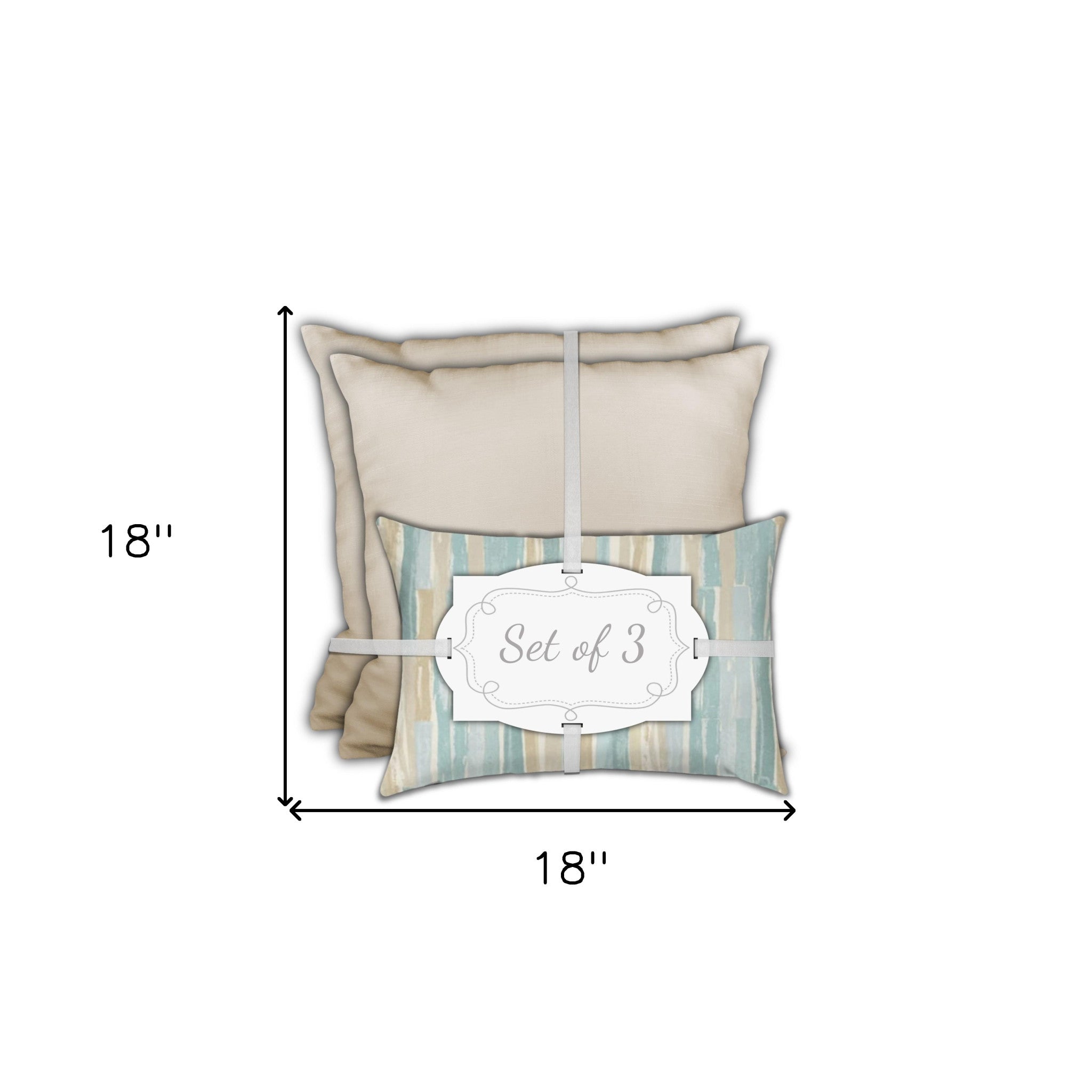 Set Of Three 18" X 18" Tan And Seafoam Blown Seam Geometric Throw Indoor Outdoor Pillow