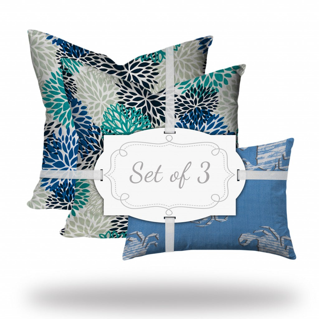 Set of 3 Blue Coastal Indoor Outdoor Zippered Pillow Covers