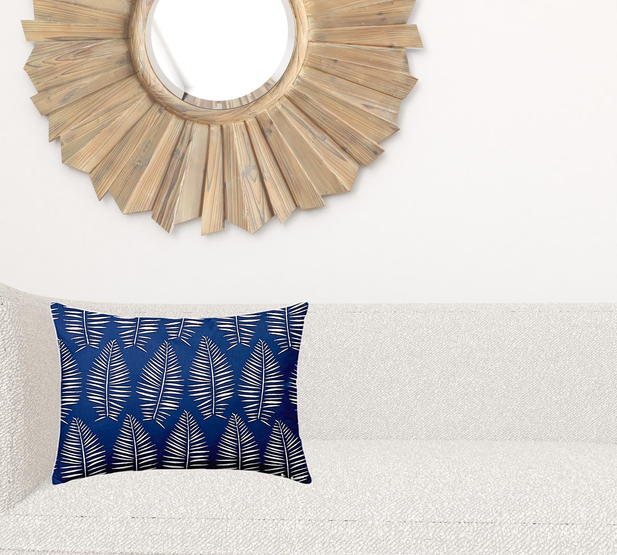 14" X 20" Blue And White Enveloped Tropical Lumbar Indoor Outdoor Pillow Cover