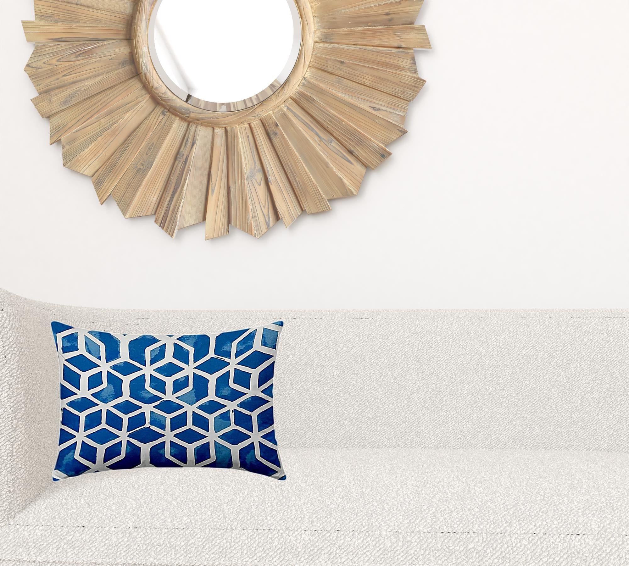 12" X 18" Blue And White Blown Seam Geometric Lumbar Indoor Outdoor Pillow