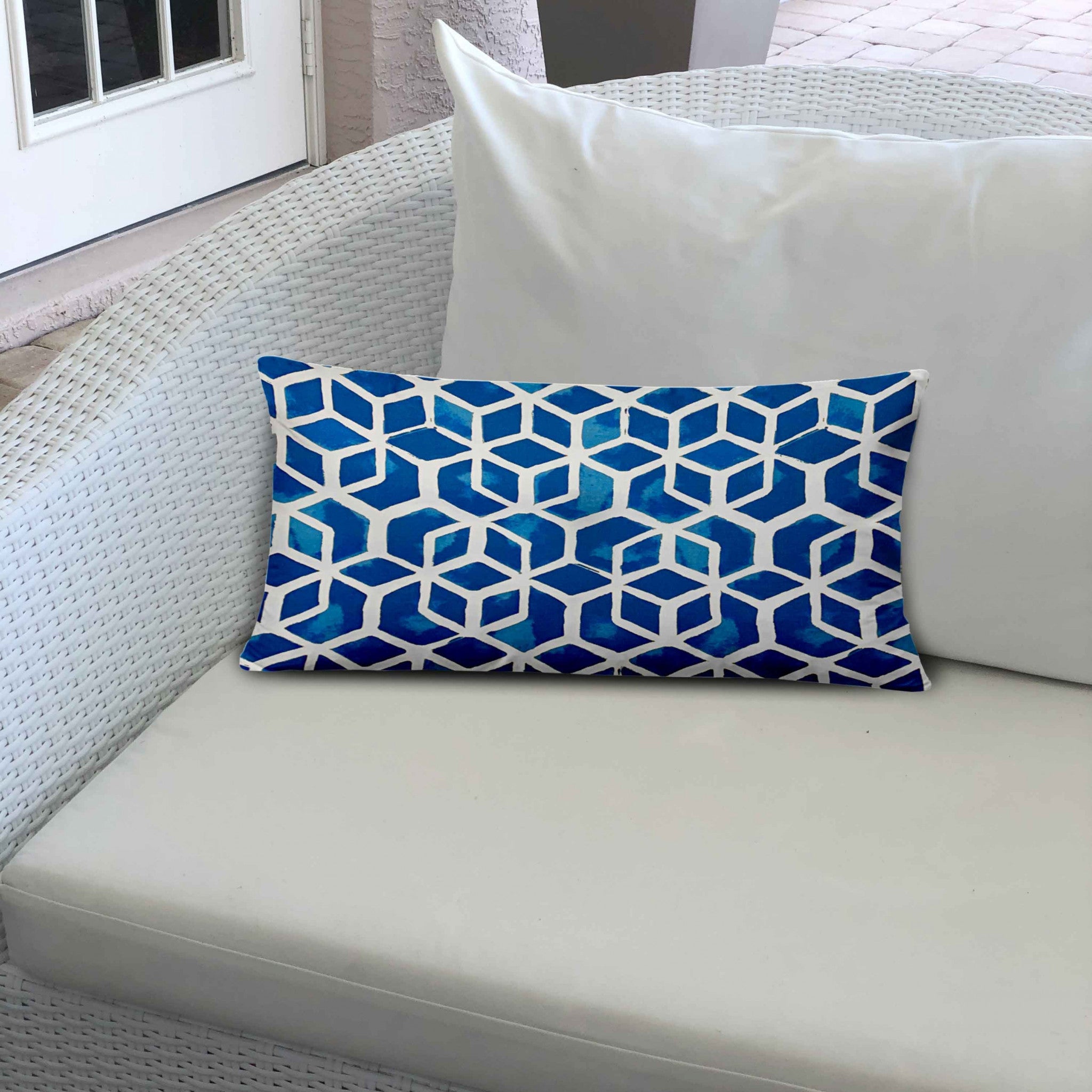 14" X 24" Blue And White Enveloped Geometric Lumbar Indoor Outdoor Pillow