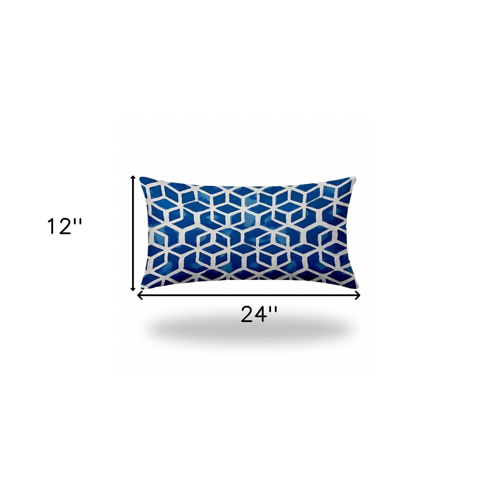14" X 24" Blue And White Enveloped Geometric Lumbar Indoor Outdoor Pillow